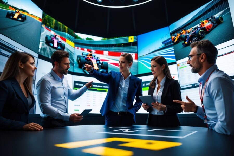 Três especialistas discutindo dados de corrida de Fórmula 1 em um estúdio moderno com várias telas mostrando imagens de corrida e mapas de pista.