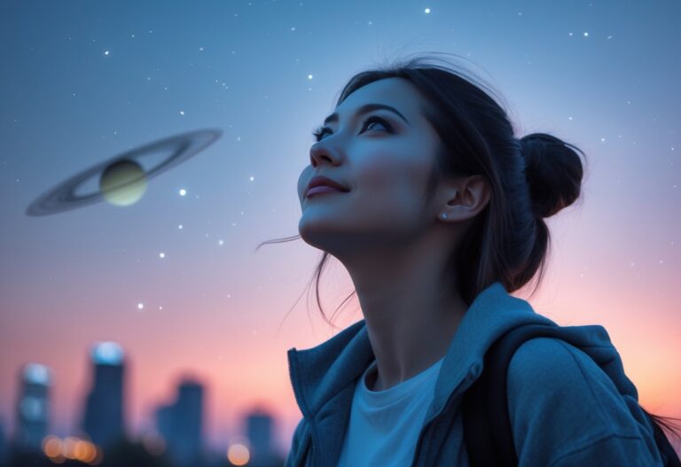 Mulher jovem olhando para o céu ao entardecer com expressão pensativa, com um céu estrelado e elementos sutis que lembram o planeta Vênus ao fundo.