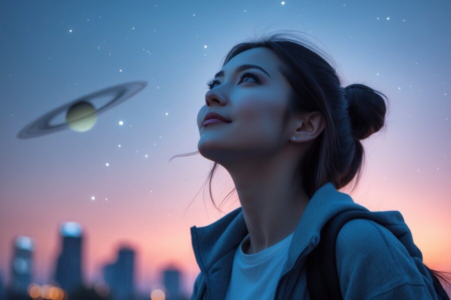 Mulher jovem olhando para o céu ao entardecer com expressão pensativa, com um céu estrelado e elementos sutis que lembram o planeta Vênus ao fundo.