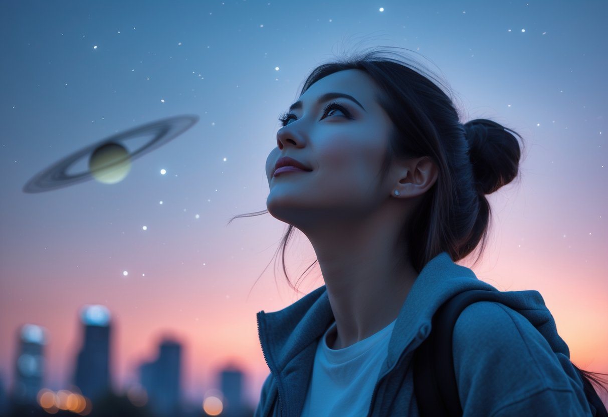 Mulher jovem olhando para o céu ao entardecer com expressão pensativa, com um céu estrelado e elementos sutis que lembram o planeta Vênus ao fundo.