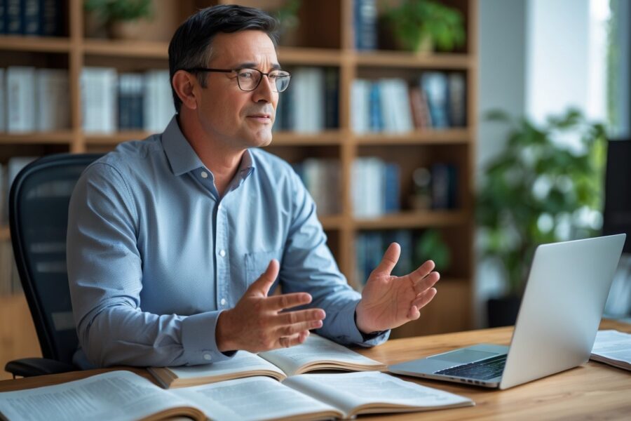 Homem sentado em uma mesa de escritório moderno, com livros e laptop, parecendo pensativo e concentrado.