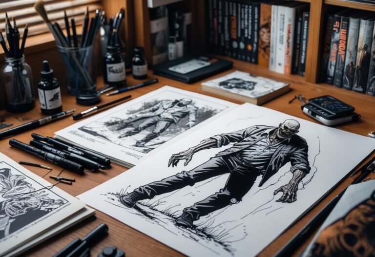 Mesa de artista com desenhos detalhados de zumbis e materiais de desenho, incluindo canetas e tinta, em um ambiente de estúdio.