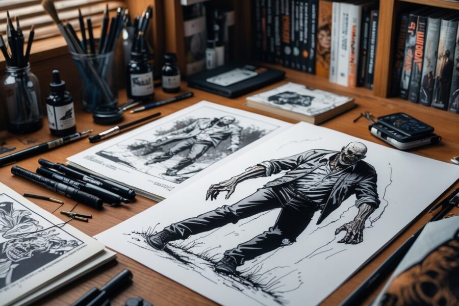 Mesa de artista com desenhos detalhados de zumbis e materiais de desenho, incluindo canetas e tinta, em um ambiente de estúdio.