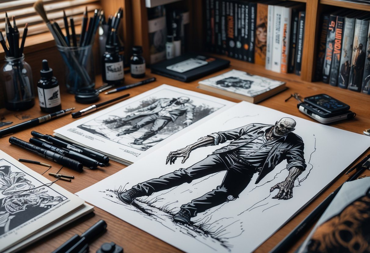Mesa de artista com desenhos detalhados de zumbis e materiais de desenho, incluindo canetas e tinta, em um ambiente de estúdio.