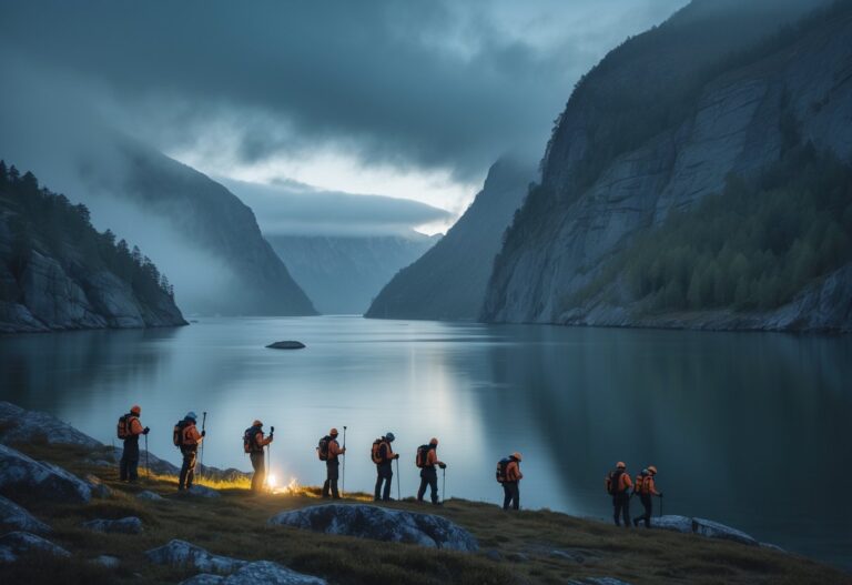 Paisagem de fiorde na Noruega com um grupo de pessoas em busca, vestindo roupas de aventura, sob um céu nublado e clima de mistério.