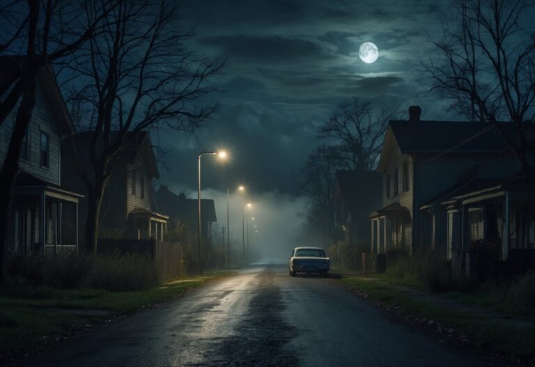 Rua escura e deserta à noite com casas antigas, árvores sem folhas e neblina cobrindo a rua.