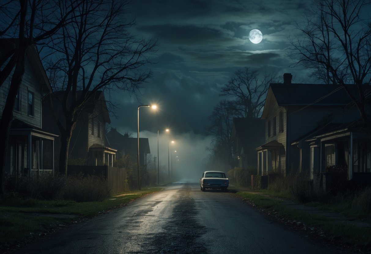 Rua escura e deserta à noite com casas antigas, árvores sem folhas e neblina cobrindo a rua.