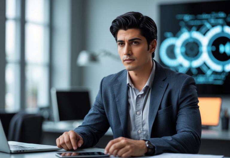 Homem jovem sentado em uma mesa moderna em um escritório bem iluminado, com expressão concentrada e roupas casuais elegantes, cercado por dispositivos tecnológicos.