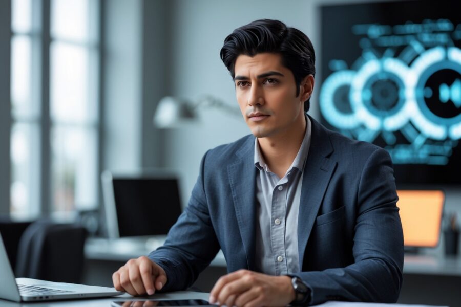 Homem jovem sentado em uma mesa moderna em um escritório bem iluminado, com expressão concentrada e roupas casuais elegantes, cercado por dispositivos tecnológicos.
