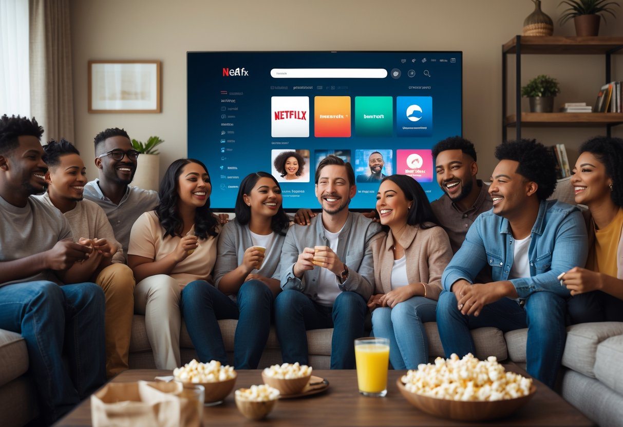 Grupo diversificado de pessoas reunidas em uma sala aconchegante assistindo televisão juntos, comendo pipoca e sorrindo.