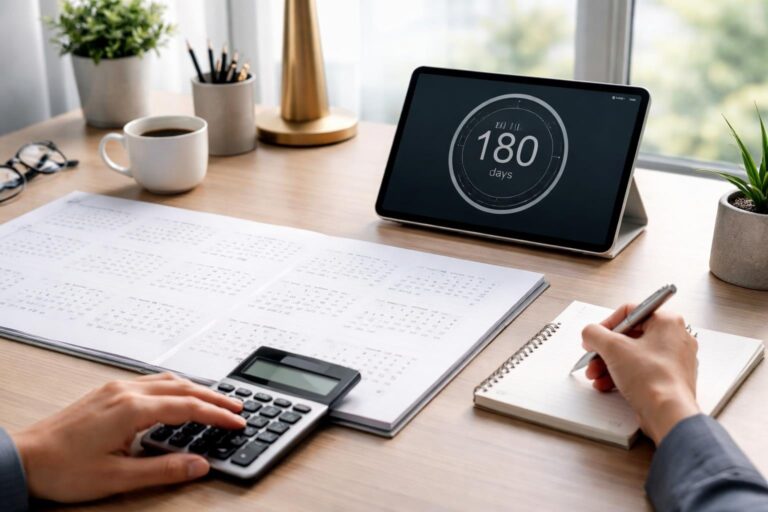 Mesa de trabalho com calendário, tablet mostrando contagem regressiva e pessoa usando calculadora, em ambiente de escritório iluminado.