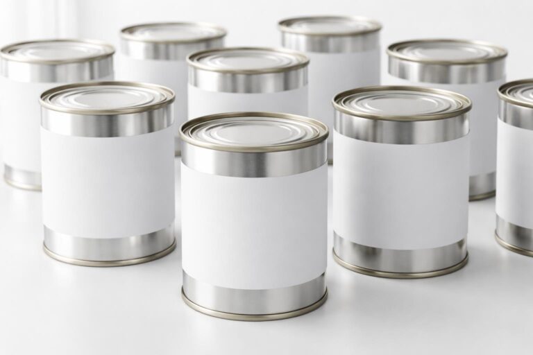 Várias latas de 1kg organizadas sobre uma superfície branca, sem texto visível nas latas.