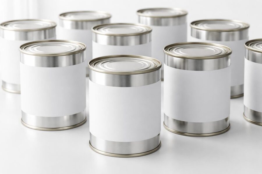Várias latas de 1kg organizadas sobre uma superfície branca, sem texto visível nas latas.
