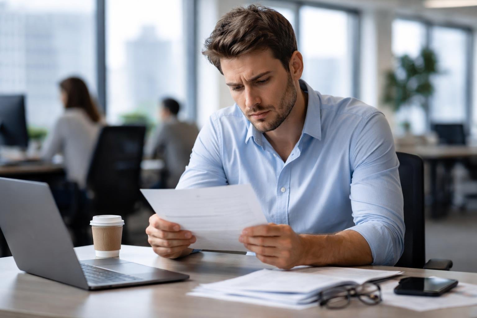 Homem sentado em uma mesa de escritório olhando preocupado para uma carta de demissão nas mãos.