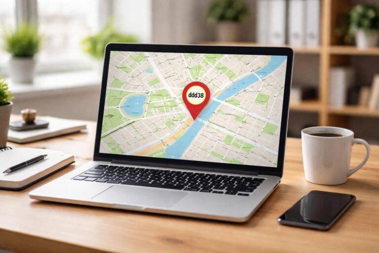 Mesa de trabalho moderna com laptop mostrando um mapa digital com um marcador de localização destacado, acompanhado de caderno, caneta, café e smartphone.