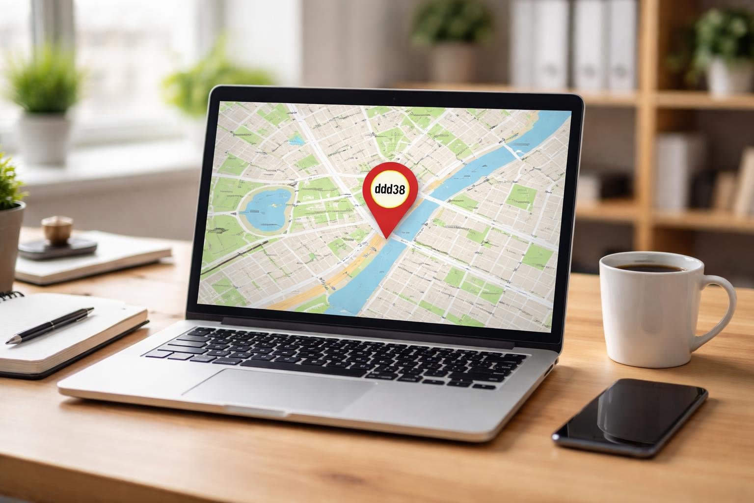 Mesa de trabalho moderna com laptop mostrando um mapa digital com um marcador de localização destacado, acompanhado de caderno, caneta, café e smartphone.