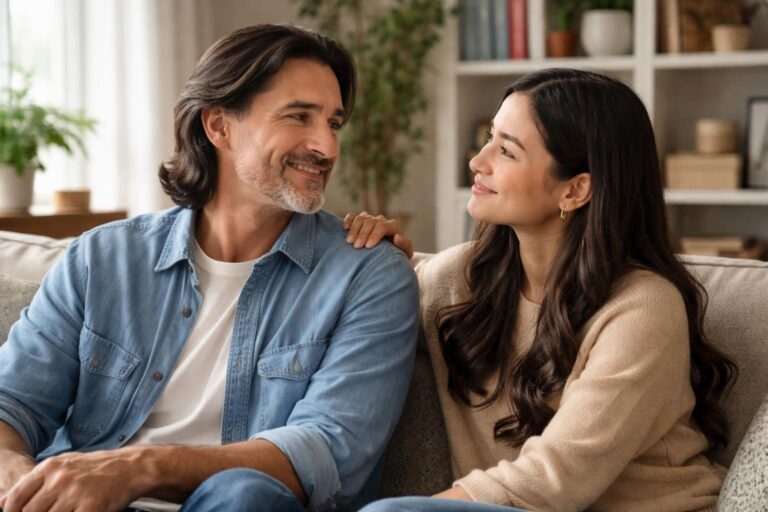 Pai e filha sentados juntos em uma sala de estar aconchegante, mostrando uma conexão afetuosa entre eles.