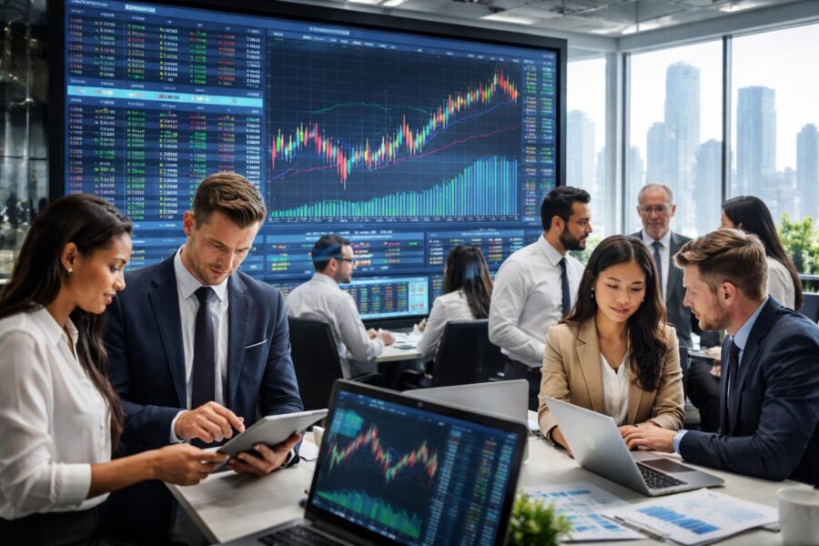 Profissionais de negócios analisando dados financeiros em um escritório moderno com telas digitais mostrando gráficos e números do mercado.