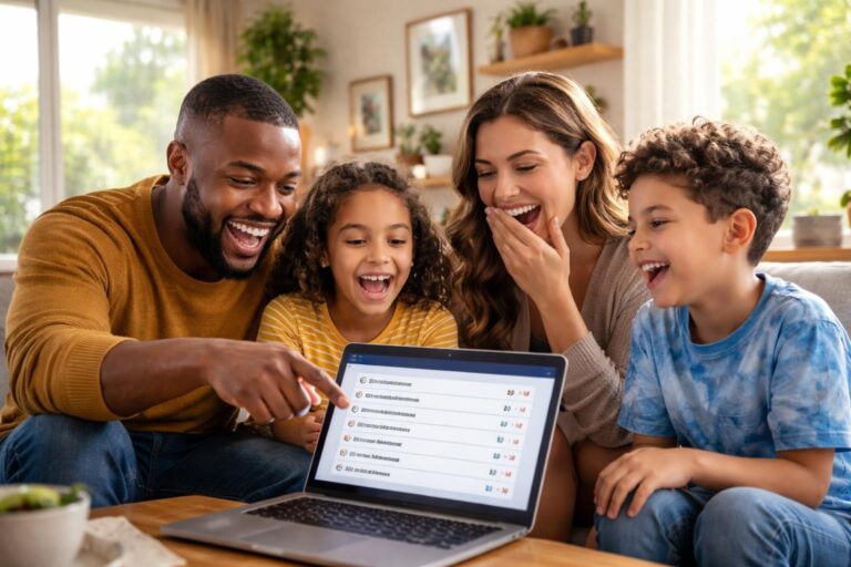 Família sorrindo junta na sala de estar enquanto interage com um laptop, mostrando um momento divertido relacionado ao Wi-Fi.