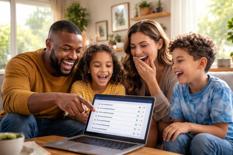 Família sorrindo junta na sala de estar enquanto interage com um laptop, mostrando um momento divertido relacionado ao Wi-Fi.