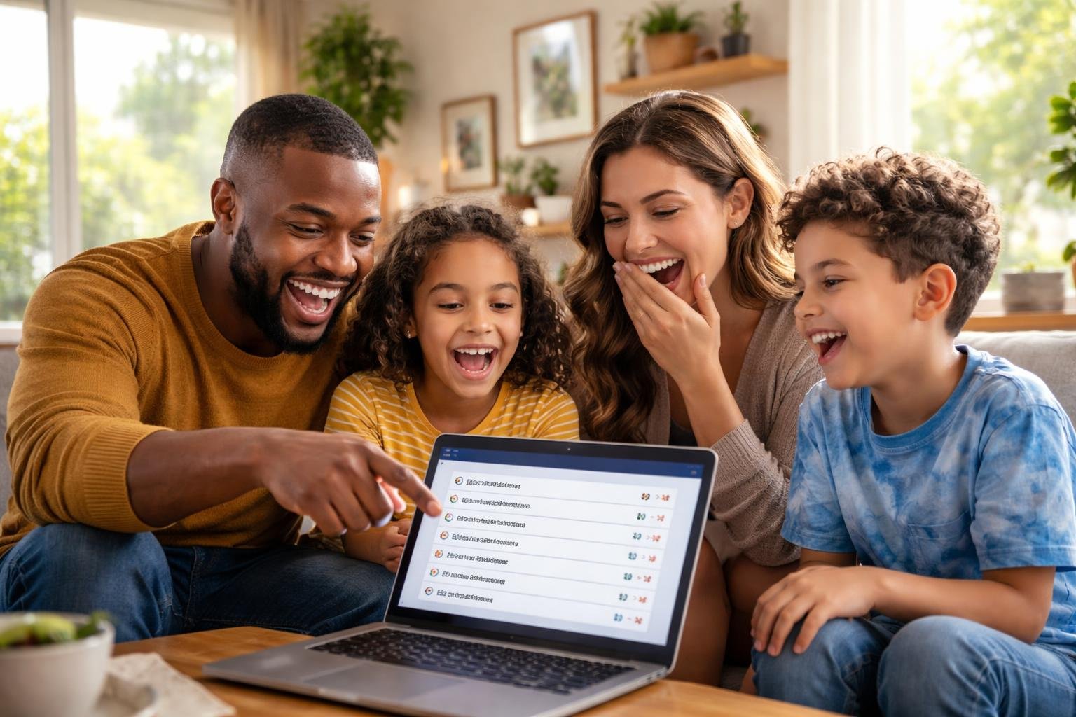 Família sorrindo junta na sala de estar enquanto interage com um laptop, mostrando um momento divertido relacionado ao Wi-Fi.