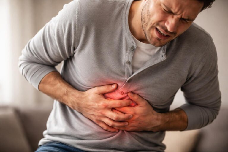 Pessoa segurando a barriga com expressão de dor, mostrando desconforto e sofrimento.
