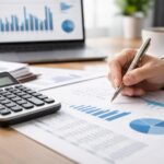 Mesa de escritório com calculadora, relatório financeiro, mão segurando uma caneta e laptop mostrando gráficos.