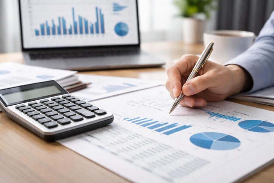 Mesa de escritório com calculadora, relatório financeiro, mão segurando uma caneta e laptop mostrando gráficos.