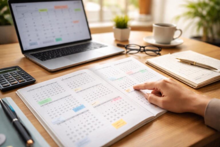 Mesa de escritório com calendário aberto, calculadora, caderno e mão apontando para o calendário, mostrando planejamento de tempo.