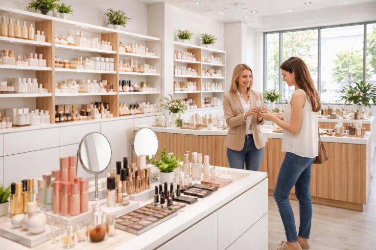 Interior de uma loja de cosméticos moderna com prateleiras organizadas cheias de produtos de beleza e uma atendente ajudando um cliente.