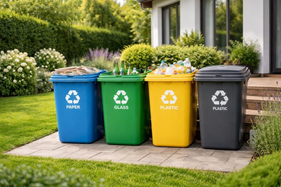 Área de reciclagem organizada perto de uma casa residencial com lixeiras coloridas e jardim ao redor.
