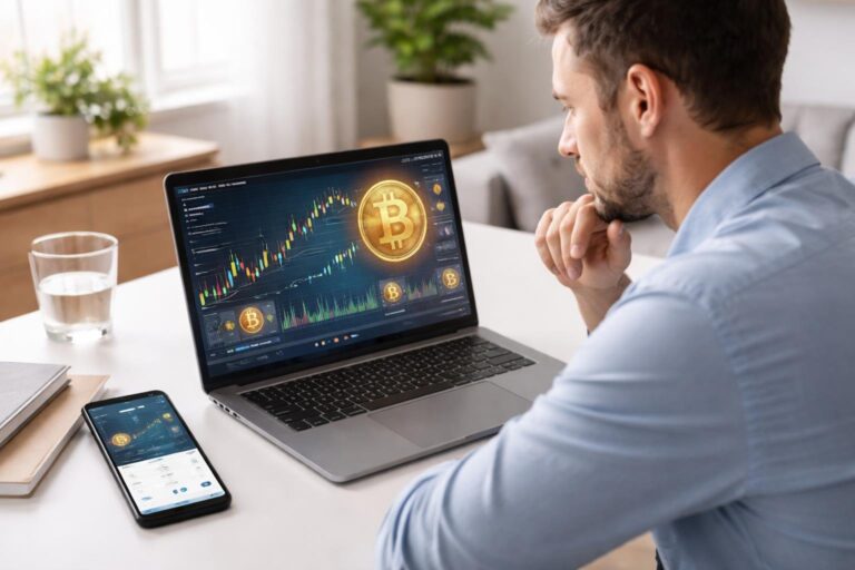 Pessoa sentada em uma mesa moderna olhando para a tela de um laptop com gráficos de criptomoedas e símbolos de Bitcoin, com um smartphone ao lado mostrando uma carteira digital.