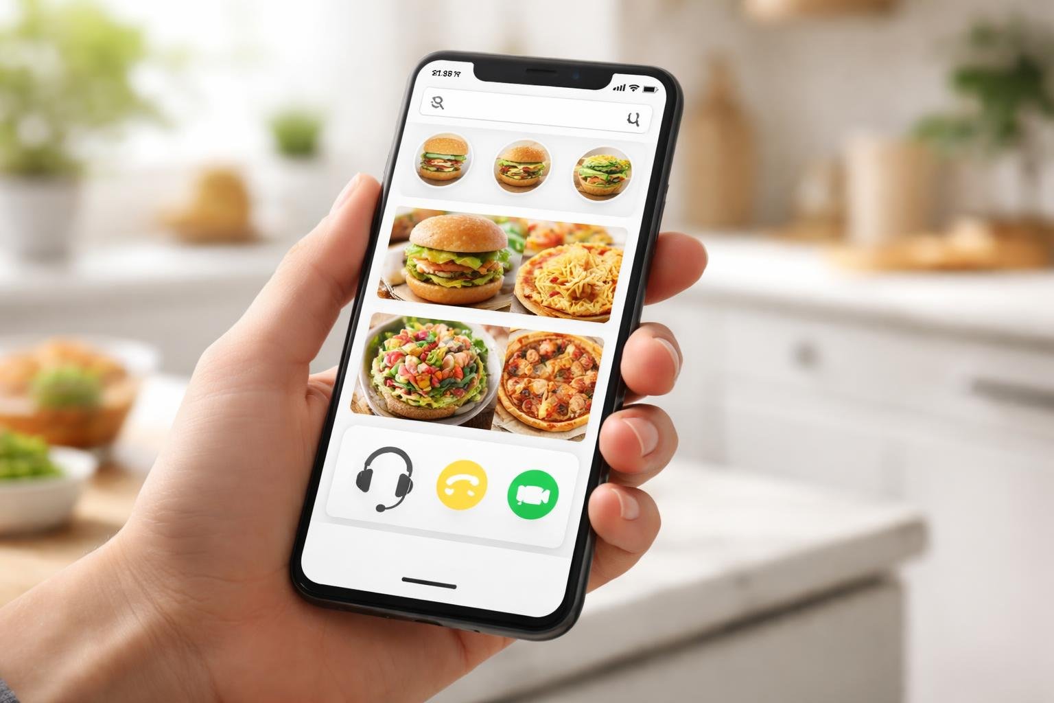 Pessoa segurando um smartphone mostrando um aplicativo de entrega de comida em uma cozinha clara e moderna.