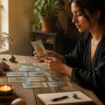 Pessoa sentada à mesa com cartas de tarô espalhadas, segurando uma carta enquanto reflete, em ambiente tranquilo com vela e cristais.