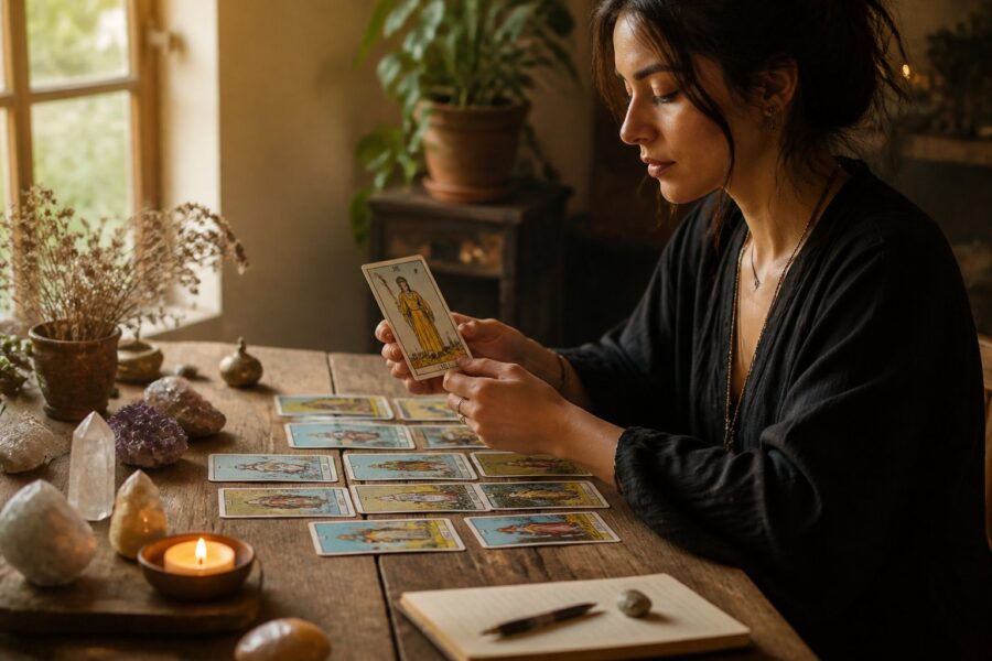 Pessoa sentada à mesa com cartas de tarô espalhadas, segurando uma carta enquanto reflete, em ambiente tranquilo com vela e cristais.
