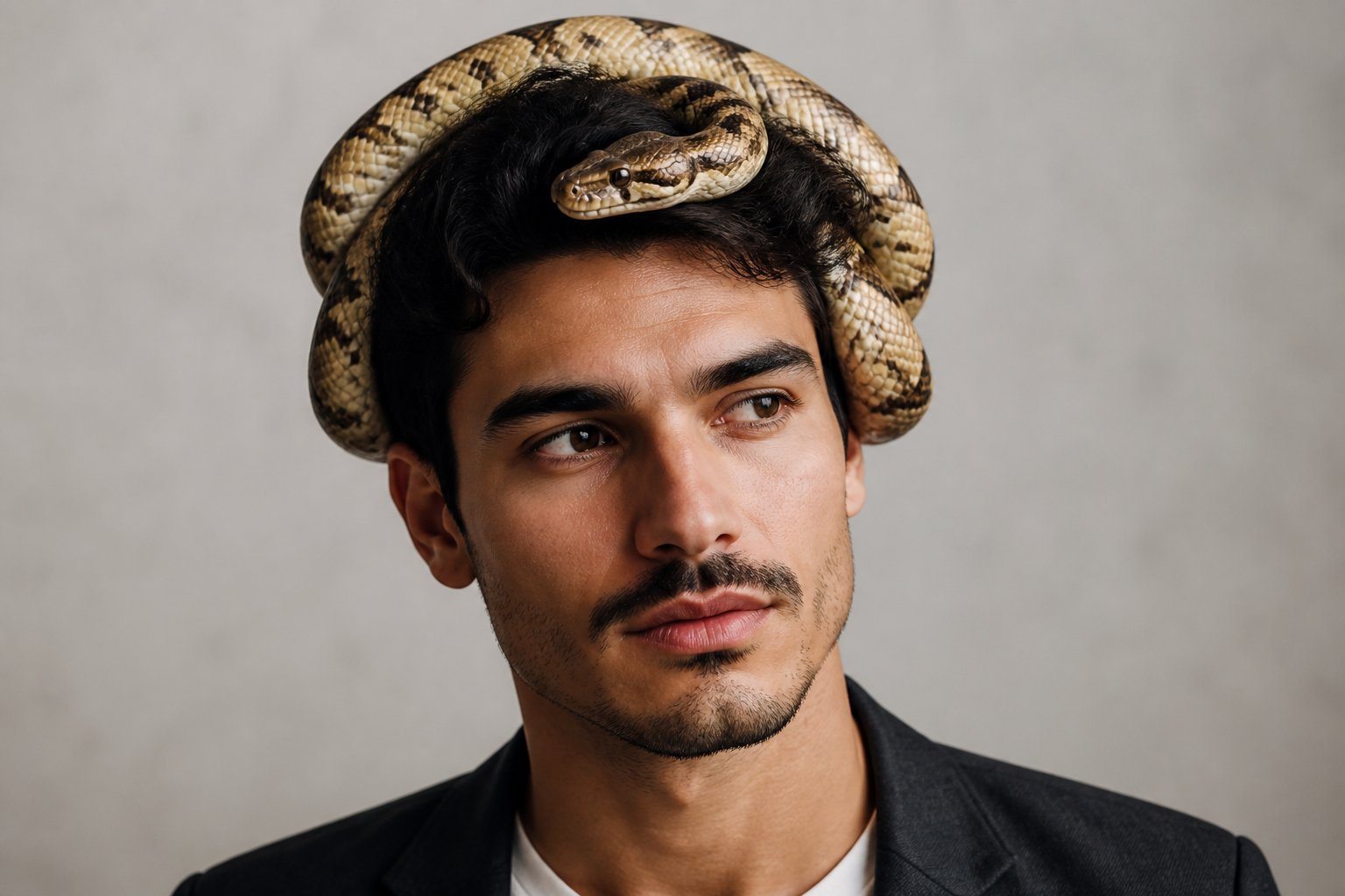 Pessoa adulta com uma cobra enrolada suavemente na cabeça, em fundo neutro.