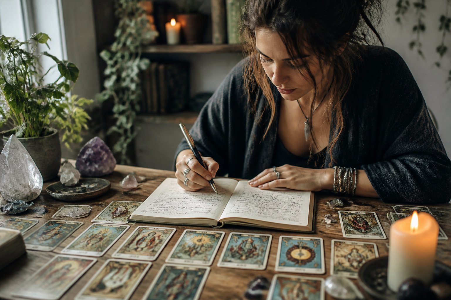 Pessoa sentada à mesa com caderno aberto, cartas de tarô espalhadas e elementos místicos ao redor, em um ambiente calmo e iluminado.
