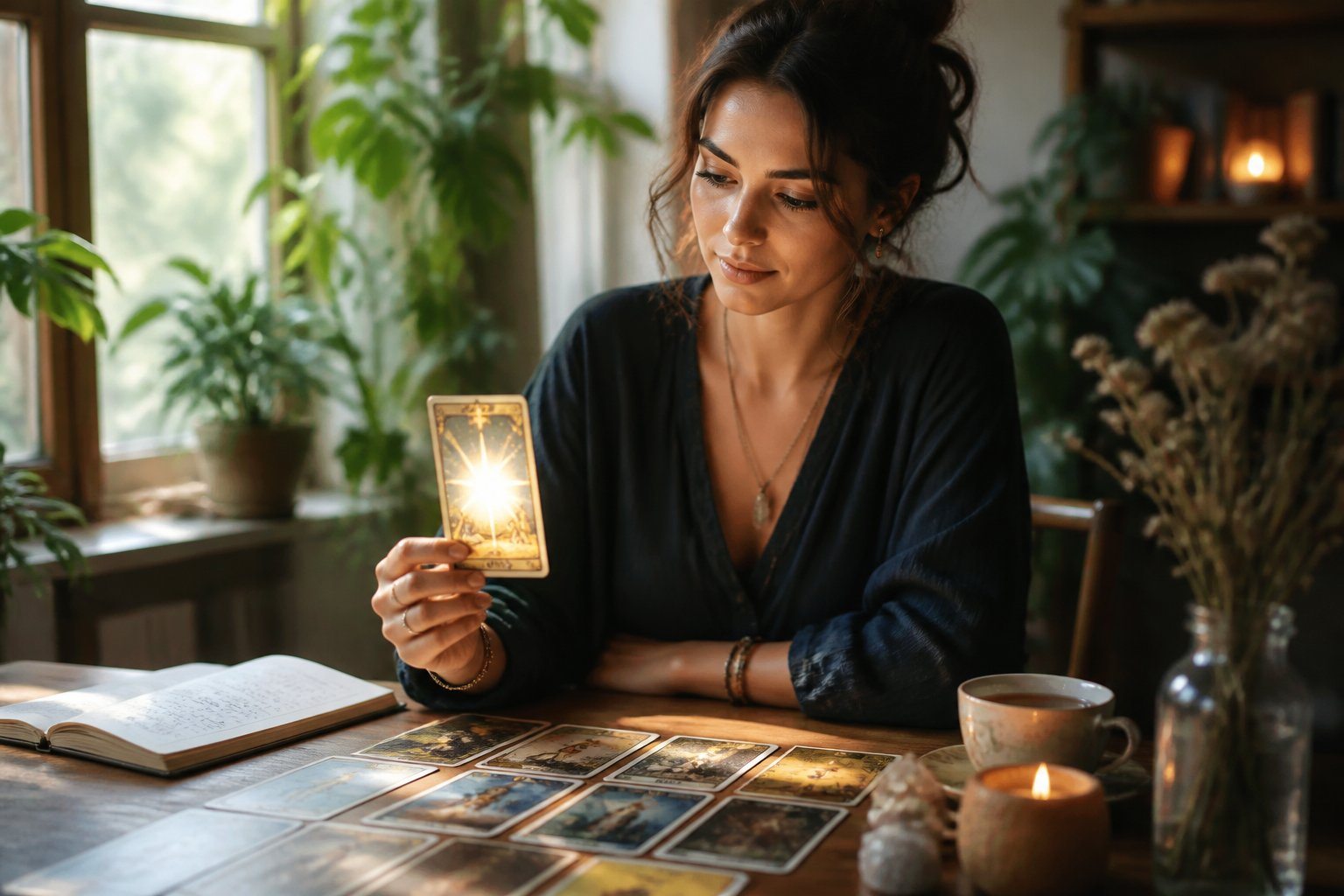 Pessoa sentada à mesa examinando cartas de tarô com uma expressão pensativa, em um ambiente iluminado e acolhedor.