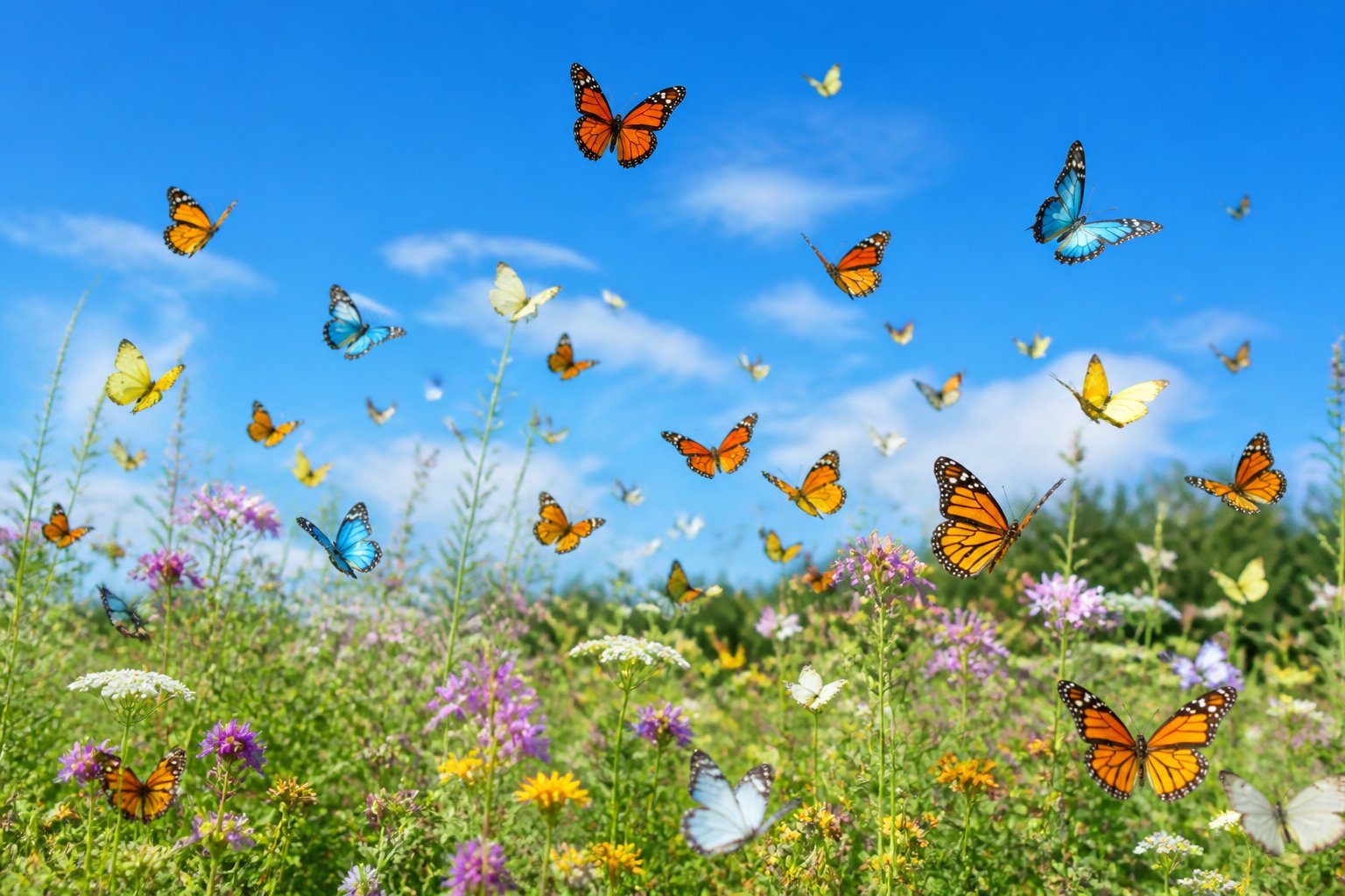 Um grande grupo de borboletas coloridas voando sobre um campo verde com flores sob um céu azul claro.