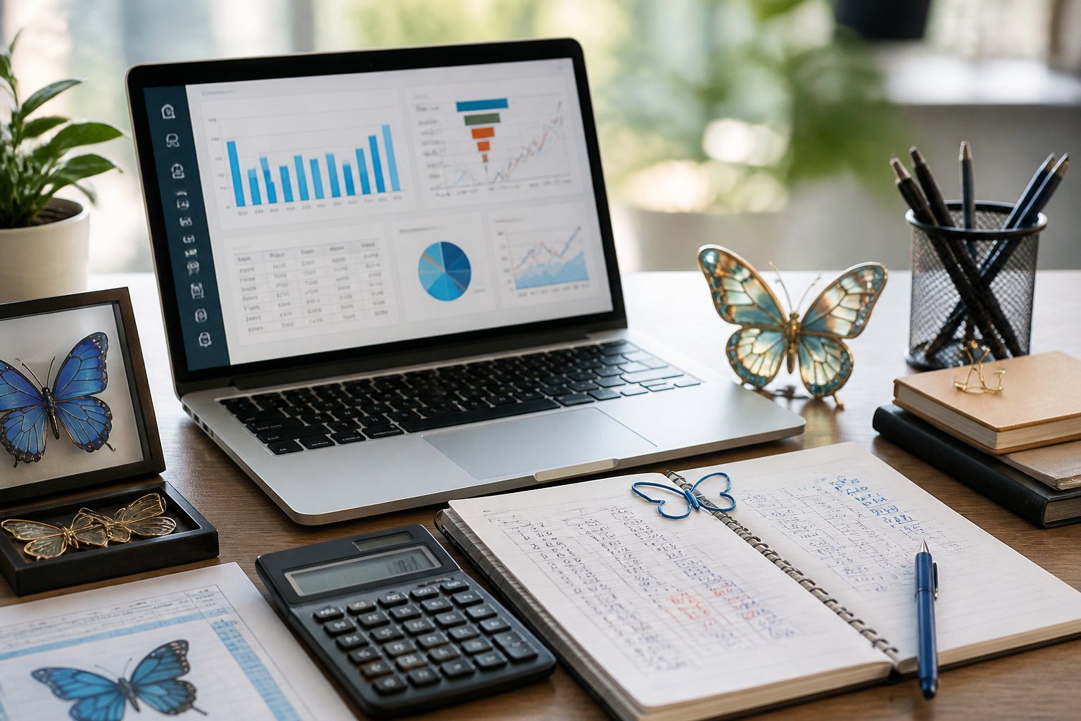 Mesa de trabalho com laptop mostrando gráficos e anotações numéricas, com elementos sutis relacionados a borboletas ao redor.