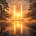 Cena serena com luz dourada suave iluminando uma floresta tranquila ou um lago calmo ao nascer do sol, transmitindo equilíbrio e espiritualidade.