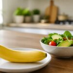 Uma banana madura em um prato branco sobre uma mesa de cozinha com uma tigela de salada saudável ao lado.