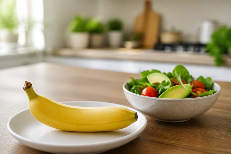 Uma banana madura em um prato branco sobre uma mesa de cozinha com uma tigela de salada saudável ao lado.