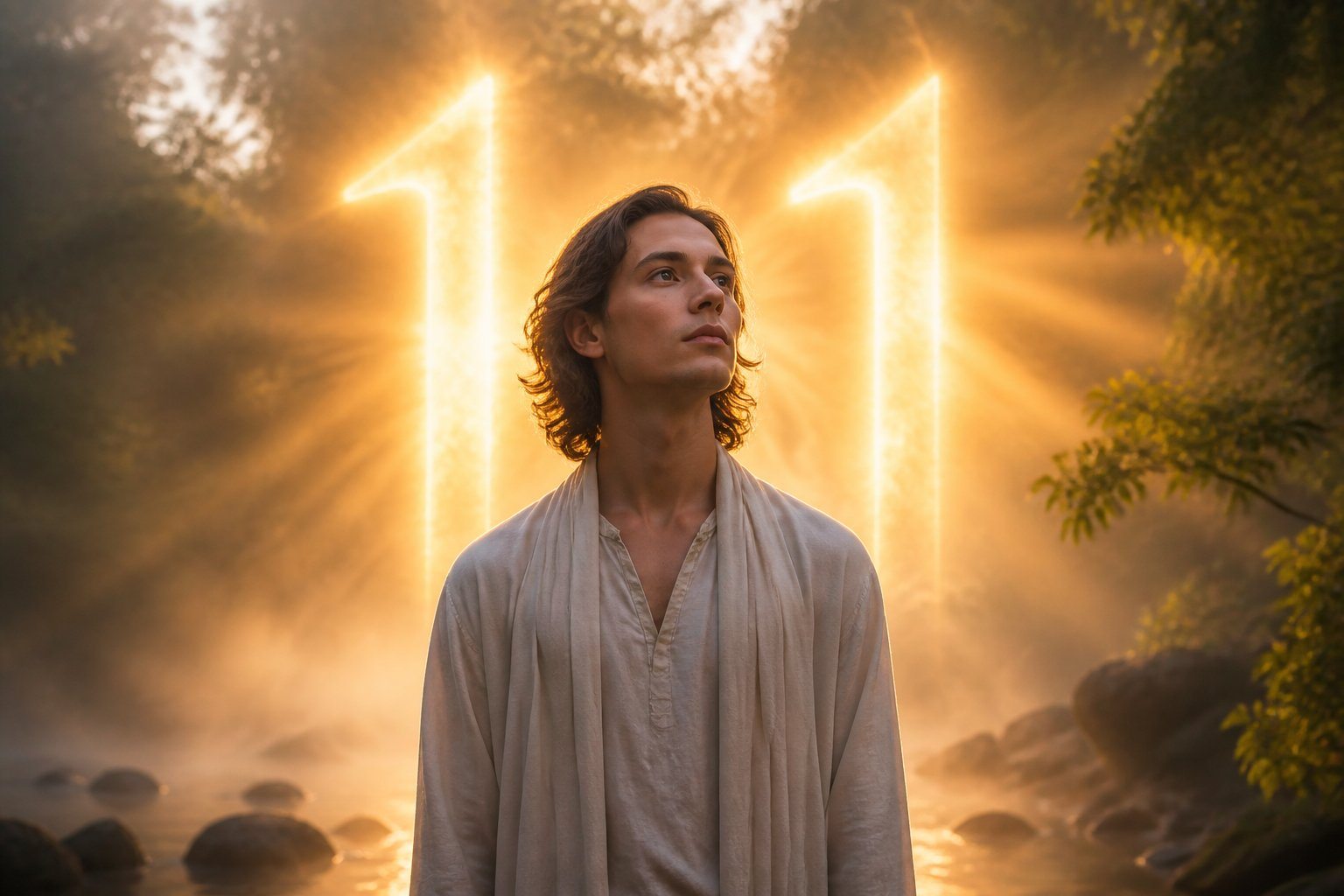Pessoa jovem em ambiente natural tranquilo com luz suave e o número 11 brilhando ao fundo, simbolizando espiritualidade e introspecção.
