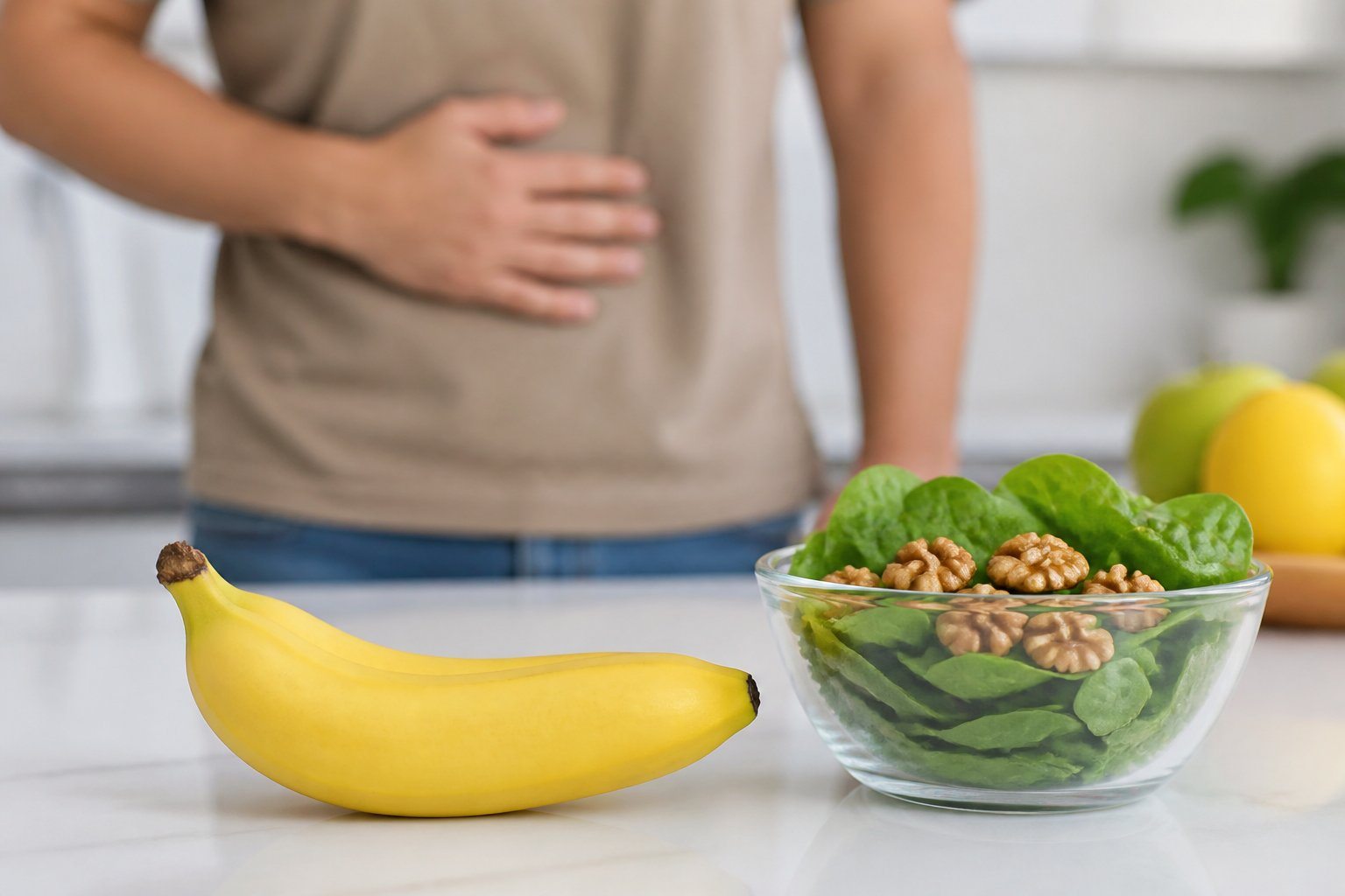 Banana fresca ao lado de vegetais verdes e nozes sobre uma bancada de cozinha, com uma pessoa ao fundo segurando o lado do corpo.