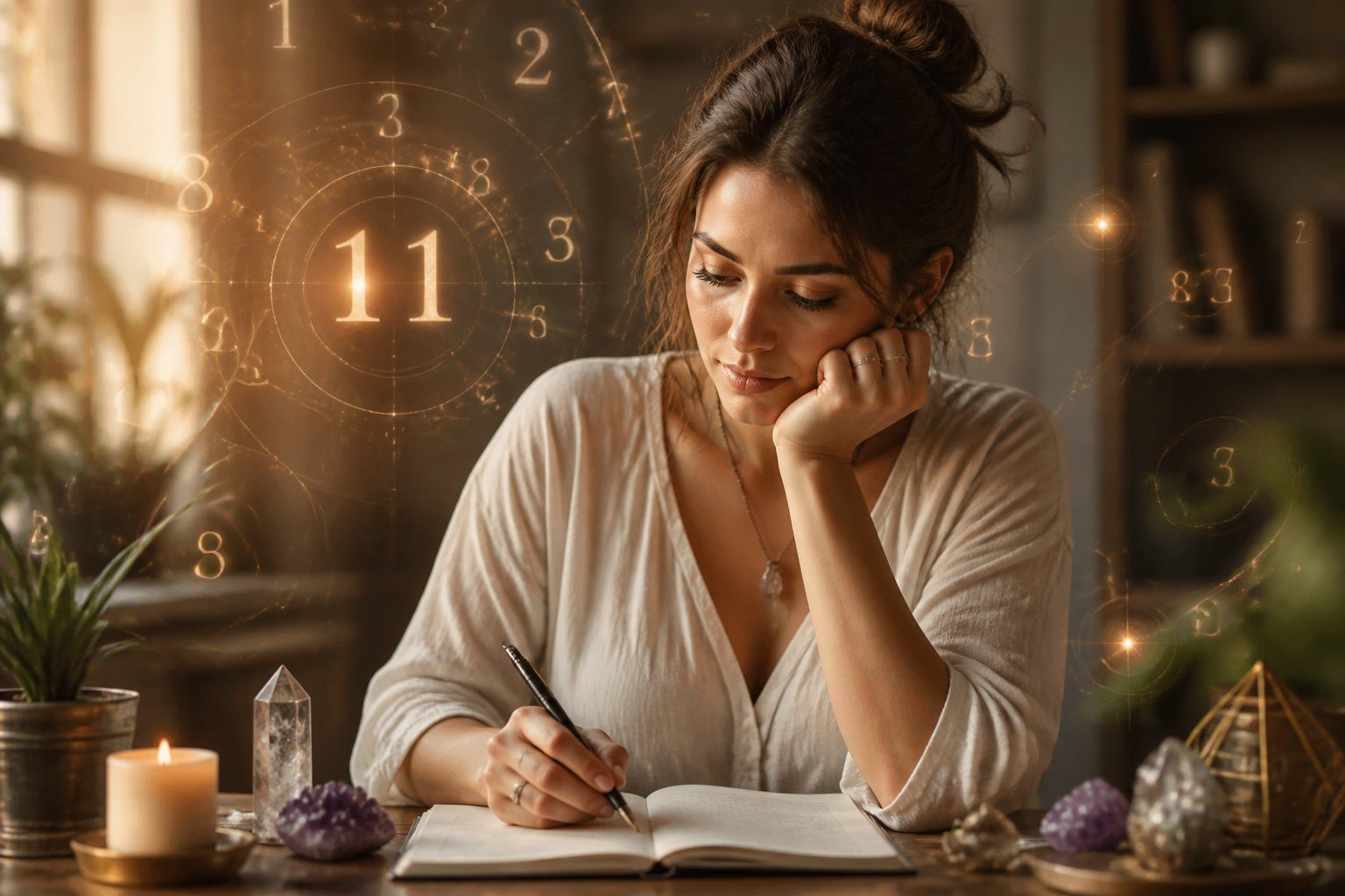 Mulher jovem sentada em uma mesa moderna, refletindo enquanto observa um caderno aberto, rodeada por elementos sutis que representam numerologia e espiritualidade.