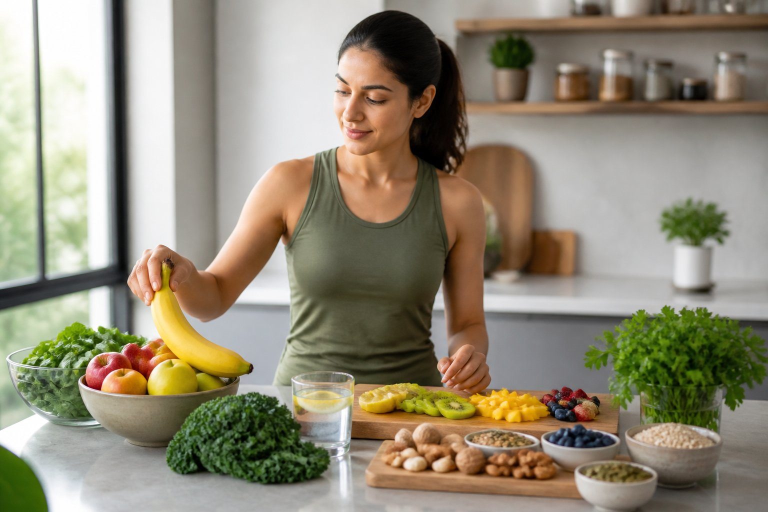 Pessoa em uma cozinha preparando alimentos saudáveis com bananas e outros ingredientes frescos sobre a bancada.