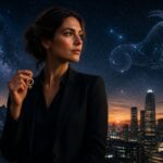 Mulher elegante em roupa de trabalho, com céu estrelado ao fundo mostrando a constelação de Capricórnio e símbolos sutis de Vênus.