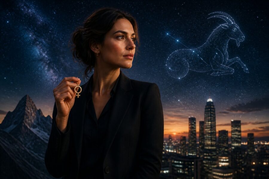 Mulher elegante em roupa de trabalho, com céu estrelado ao fundo mostrando a constelação de Capricórnio e símbolos sutis de Vênus.
