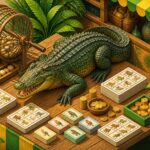 Ilustração de um jacaré cercado por elementos relacionados ao jogo do bicho, como bilhetes, moedas e uma gaiola de sorteio, em um ambiente colorido e detalhado.